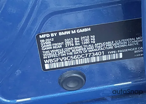 2013 BMW M5 from USA, damaged, VIN WBSFV9C56DC773401